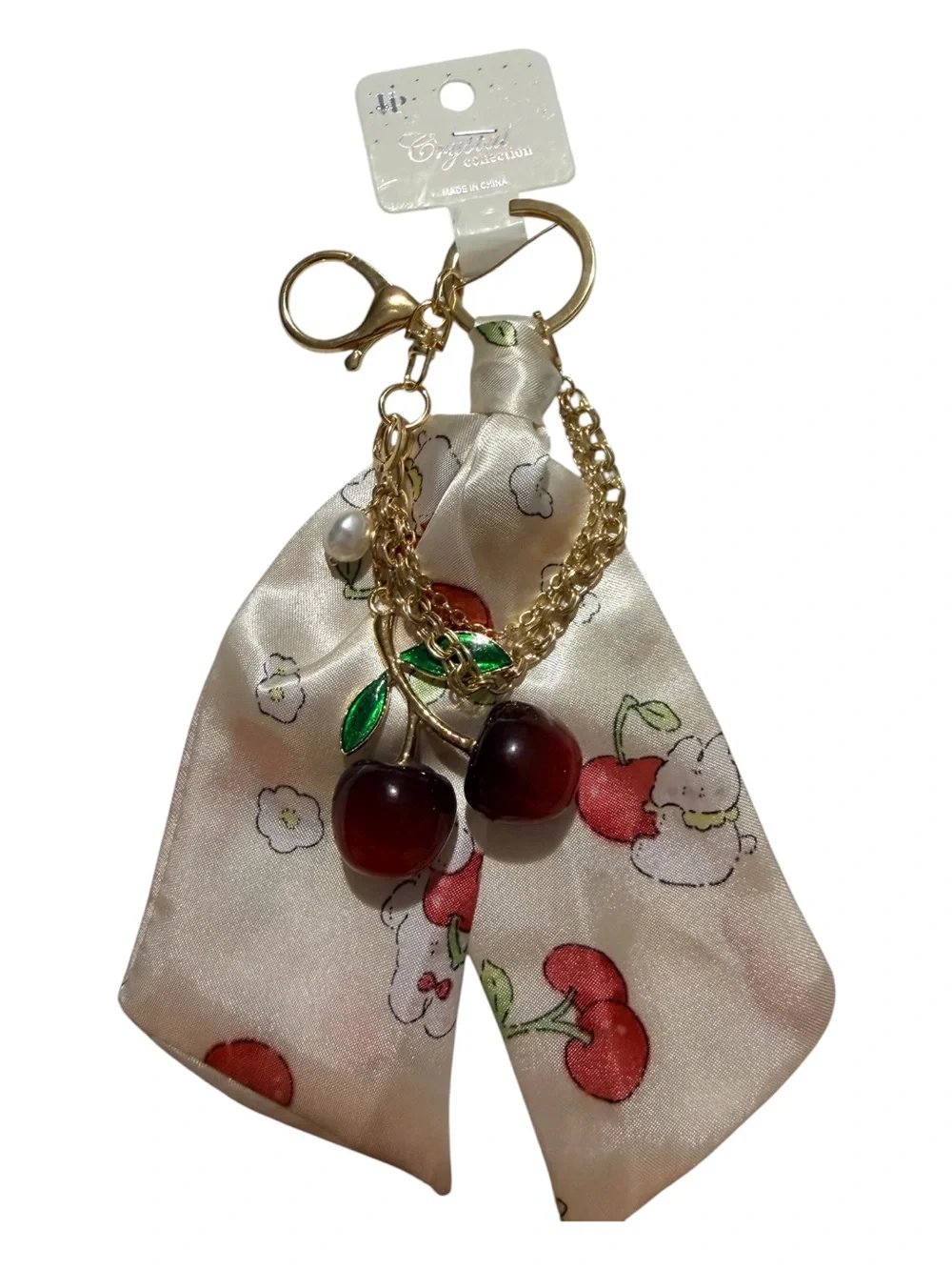 Gold Cherry Satin Bow Keychain - Cream/Red